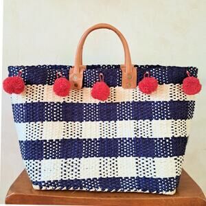 Mar Y Sol Pompei Gingham Print Basket Tote Bag Pom Pom Navy Red